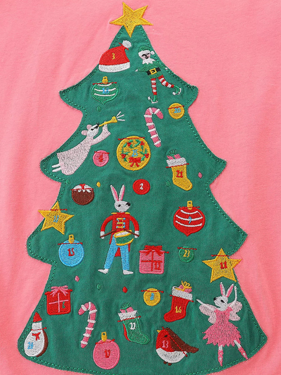 Pink cotton dress with embroidered Christmas tree and festive characters.