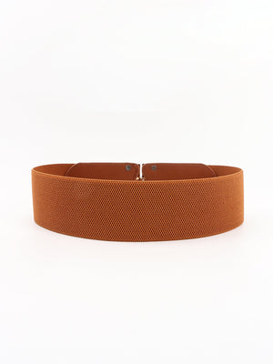 Brown elastic waist belt with double D buckle detail