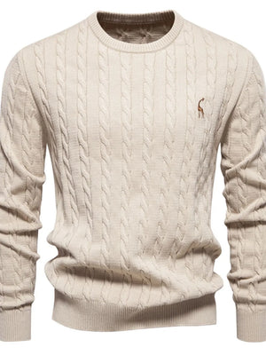 Beige cable knit crewneck sweater with embroidered giraffe detail