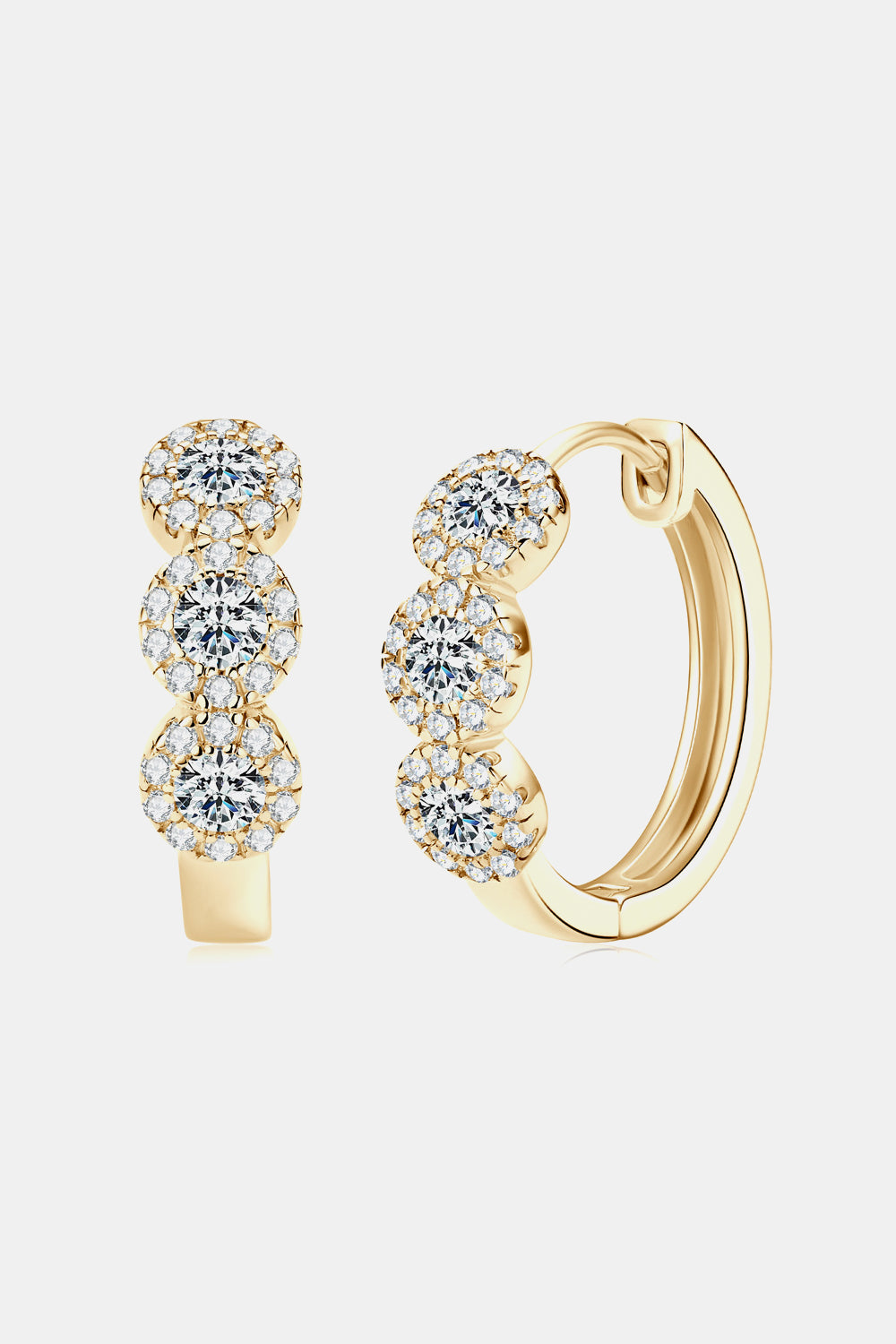 Gold triple cluster diamond huggie hoop earrings with halo detail