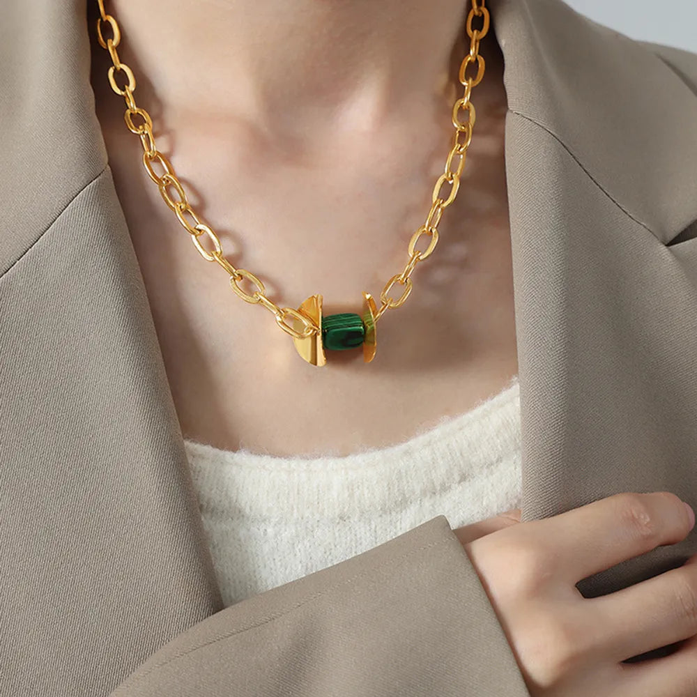 Geometric malachite pendant necklace with 18K gold-plated chain