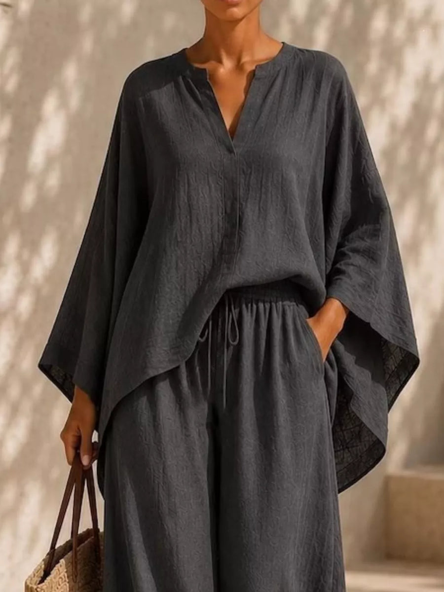 Notched Long Sleeve Top And Wide-leg Pants Set in Tan