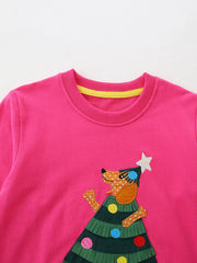Children's hot pink cotton sweatshirt with a Christmas tree applique featuring a dog.