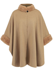 Tan cape coat with faux fur trim on collar and cuffs, single button closure.