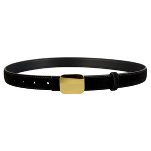 Black cowhide leather belt with gold square buckle accent