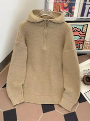 Khaki knit hooded half-zip sweater with ribbed texture and relaxed fit.