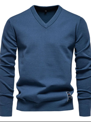 Peacock Blue V-neck ribbed knit sweater with long sleeves and a small logo tag.