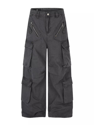 slate blue cargo pants with full-length and zip-front