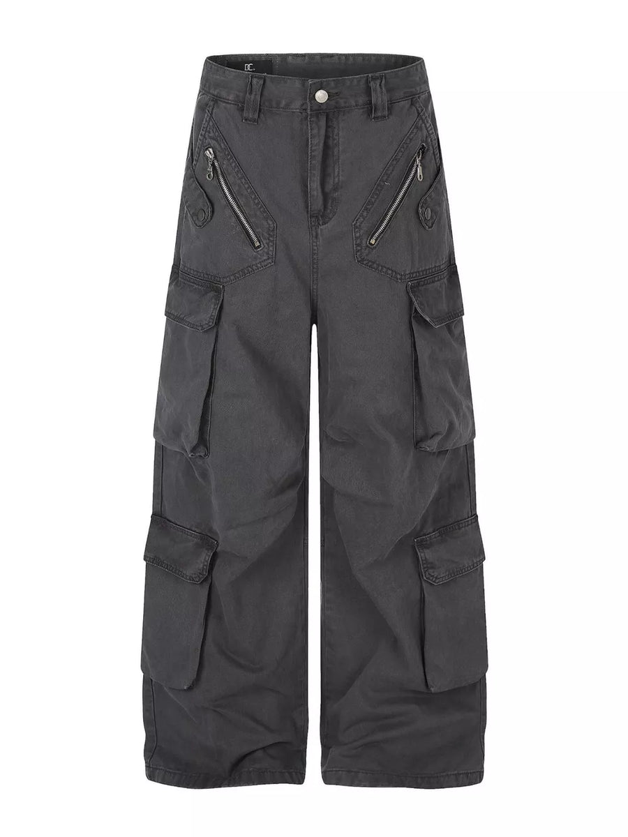 slate blue cargo pants with full-length and zip-front