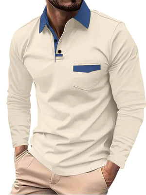 Beige long sleeve polo shirt with contrast blue collar and pocket detail