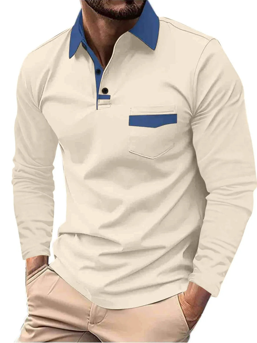 Beige long sleeve polo shirt with contrast blue collar and pocket detail