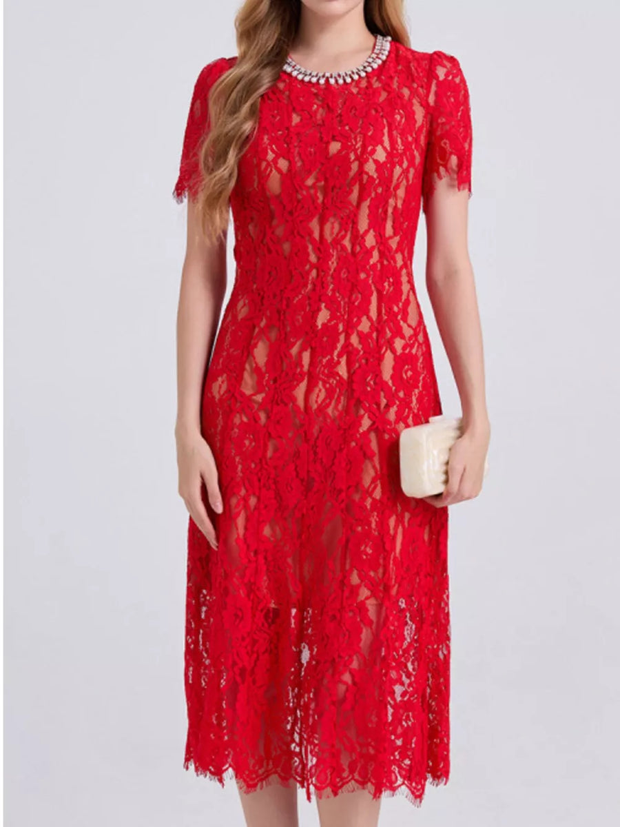 Red lace midi dress with pearl neckline and short sleeves.