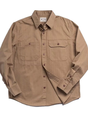 Khaki cotton twill utility shirt with two chest pockets and button front.