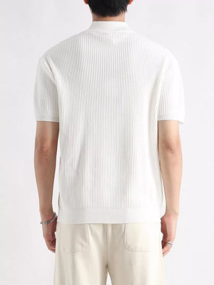 White ribbed knit mock neck t-shirt with short sleeves and a classic fit.