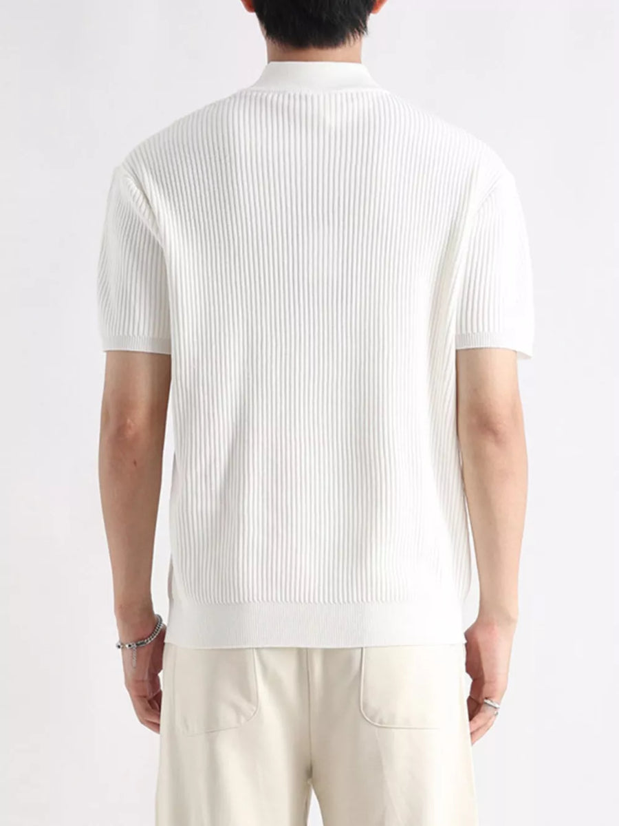 White ribbed knit mock neck t-shirt with short sleeves and a classic fit.