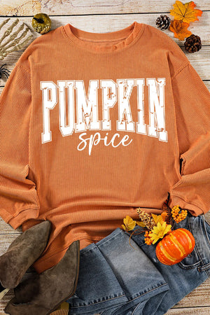 Textured corduroy sweatshirt in sherbet orange with "Pumpkin Spice" graphic.