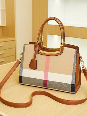 Plaid Top Handle Handbag in tan with top handle