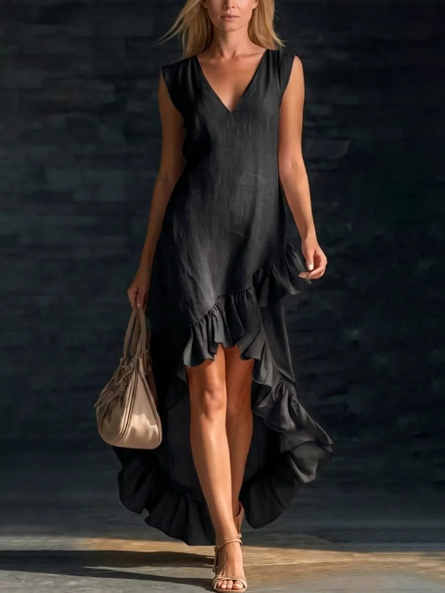 Full Size V-neck Ruffle Hem High-low Dress in Pink