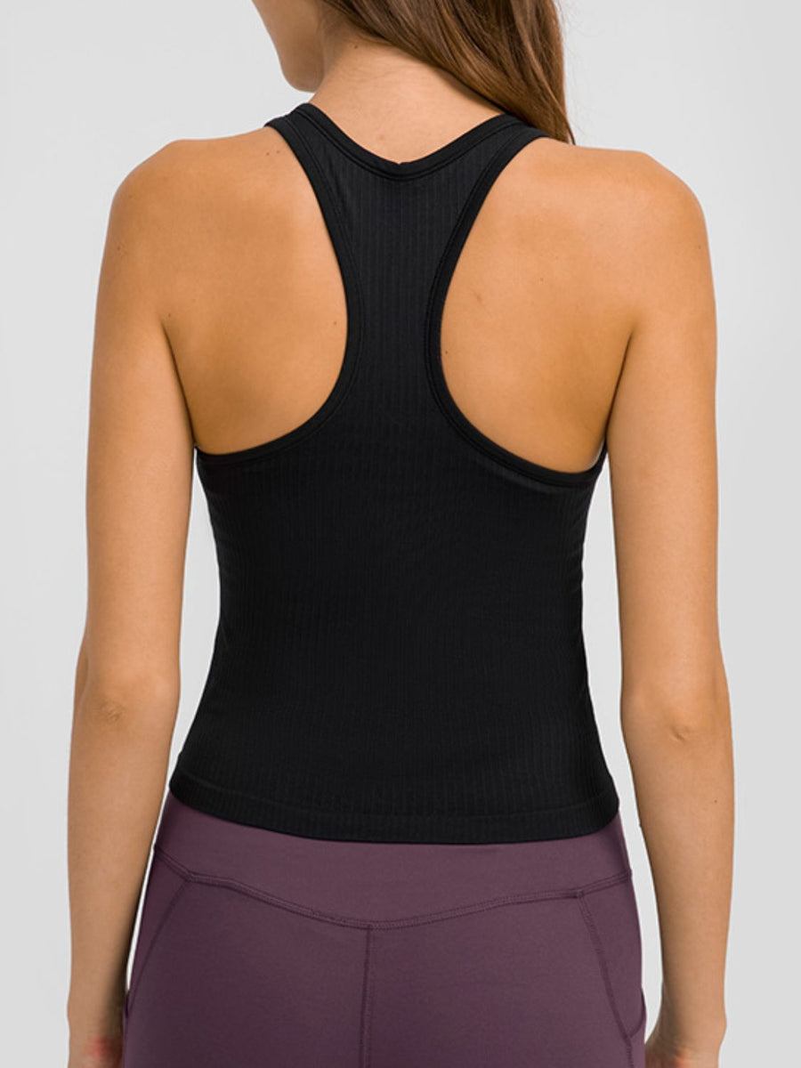 Black ribbed racerback tank top with a V-neck detail.