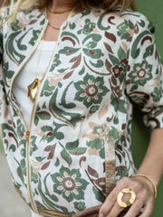 olive green bomber jacket featuring pocketed and floral