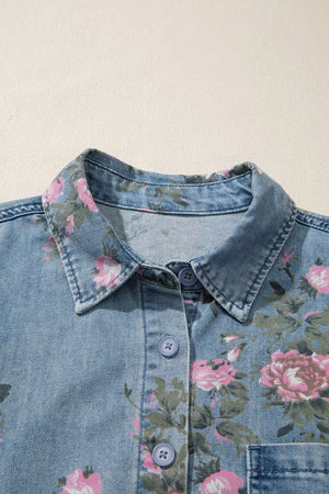 Denim button-up shirt with pink floral print, collared, long sleeve, cotton blend.