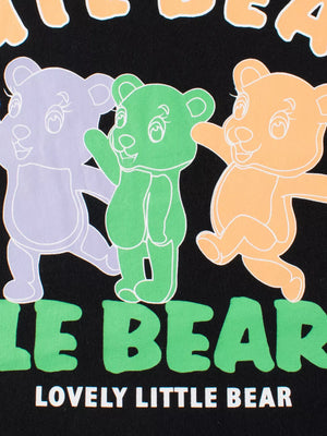 Black t-shirt with graphic of three colorful cartoon bears and text.