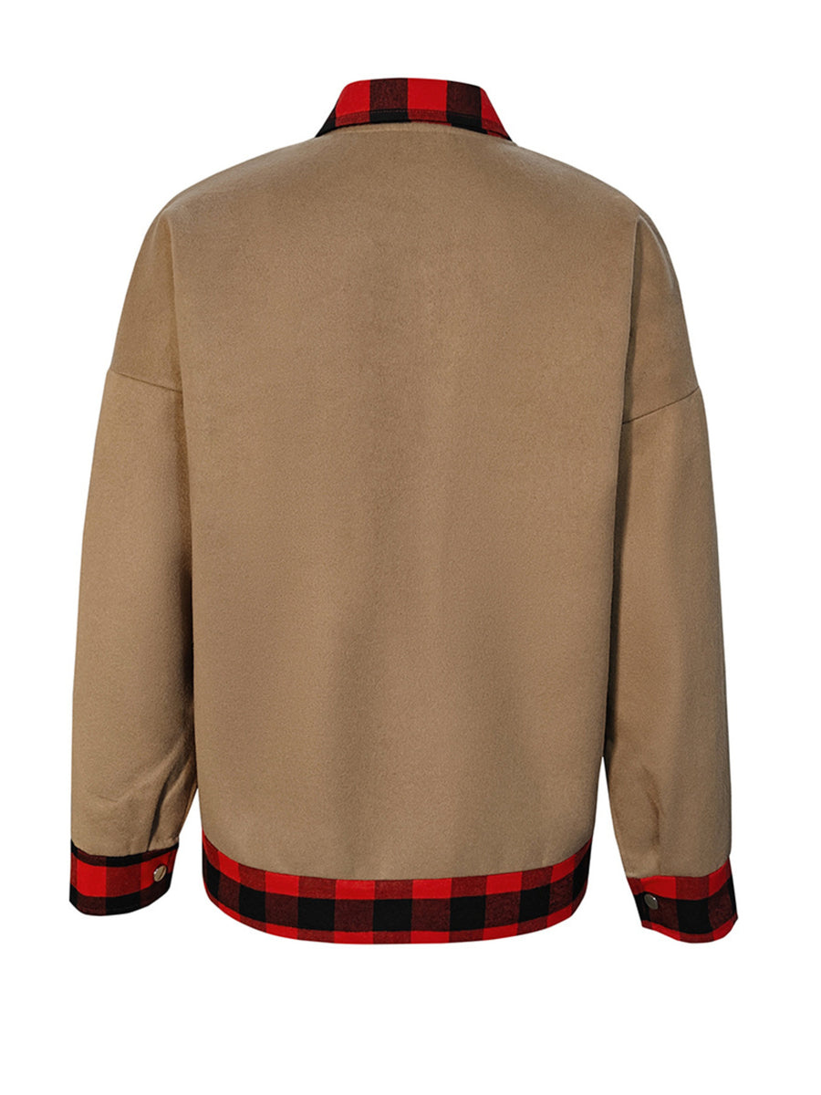 camel button-up shirt with hip-length and button-front