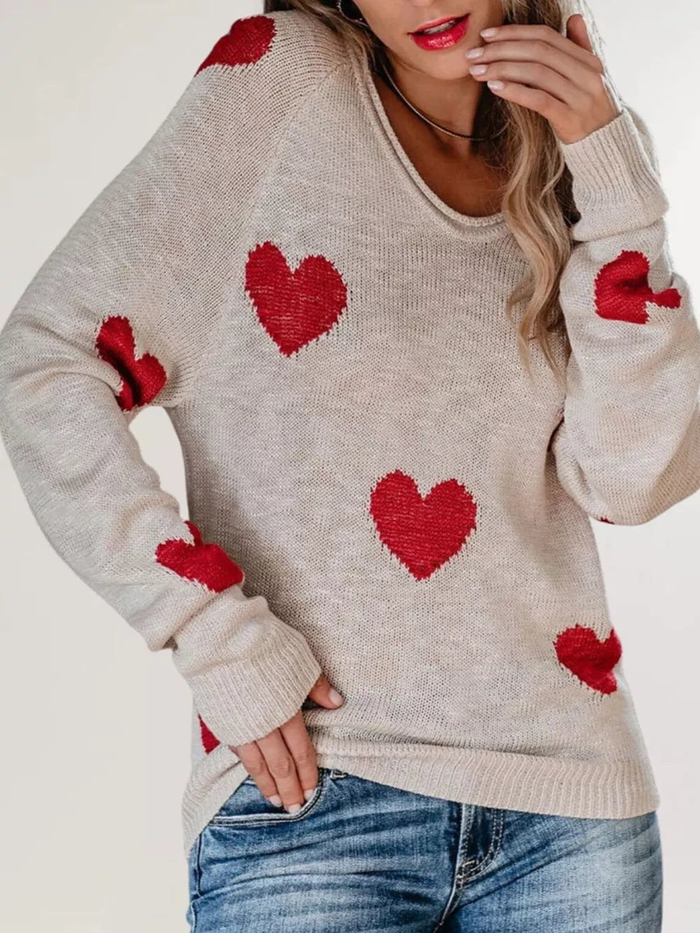 oatmeal v-neck sweater with heart-print and v-neck