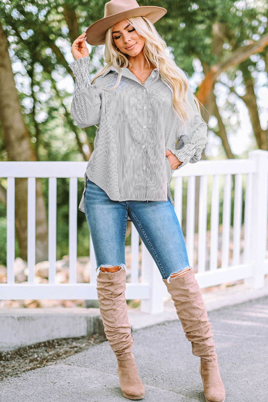 Mid Gray pinstripe blouse with balloon sleeves and smocked cuffs.