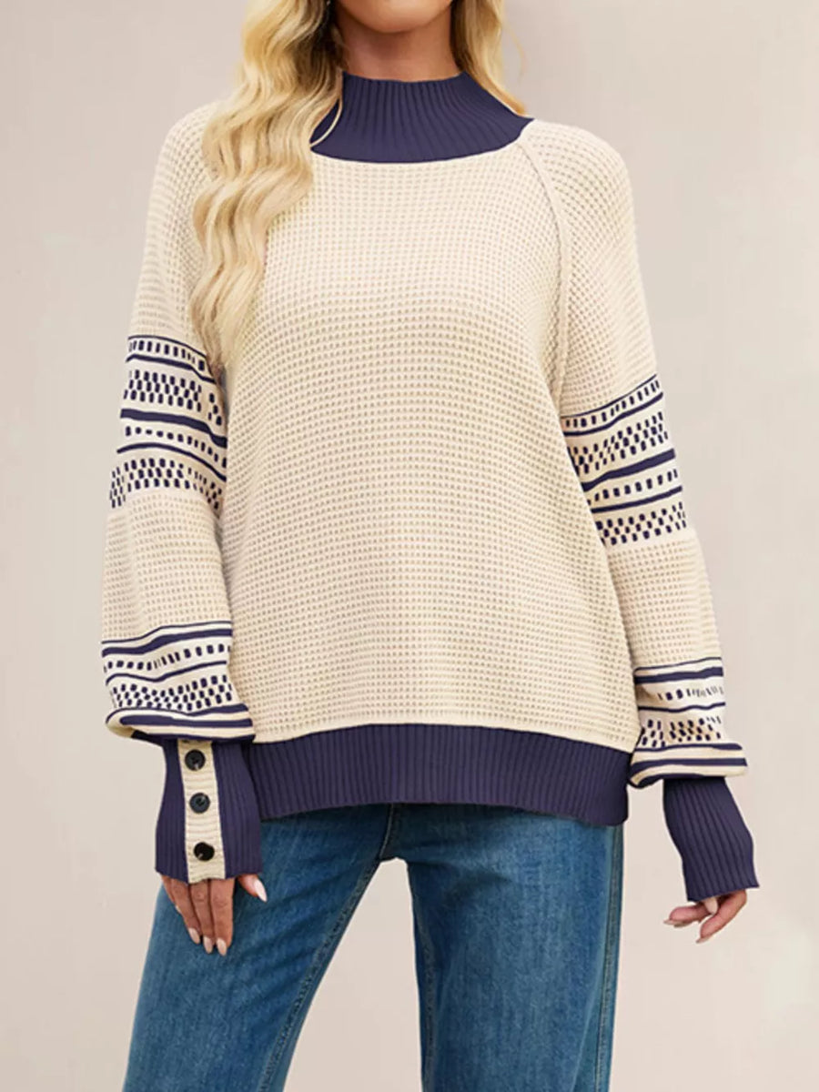ivory mock neck sweater with color-block and mock neck