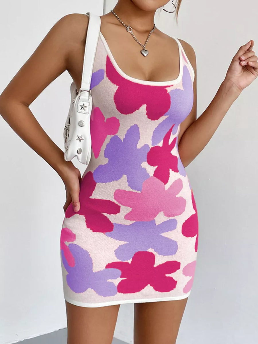 Coral Floral Knit Scoop Neck Mini Dress