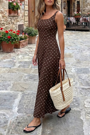 Brown polka dot midi dress with square neckline and thin straps.