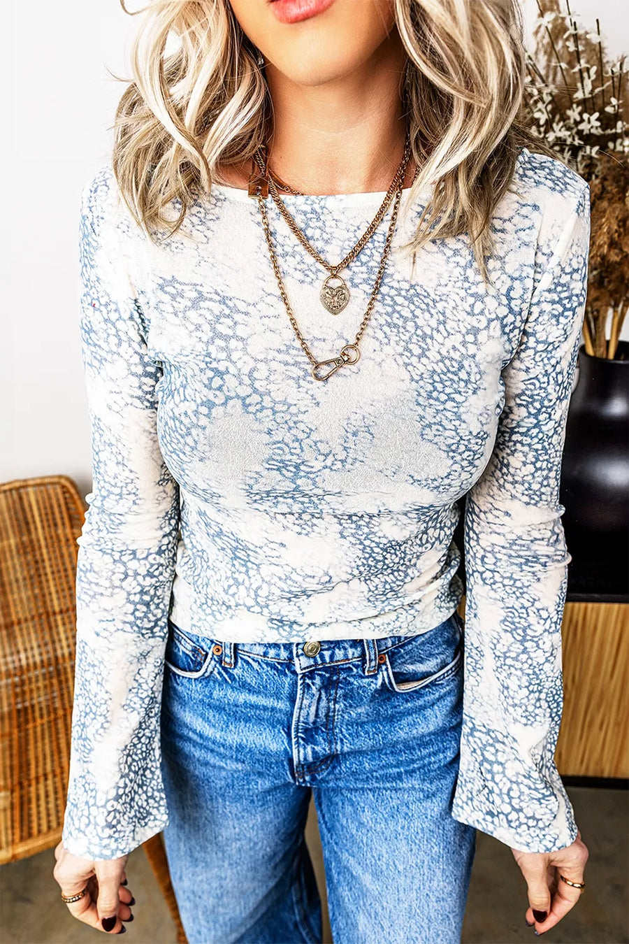 Long Sleeve Leopard Print Round Neck Sheath Top option 5