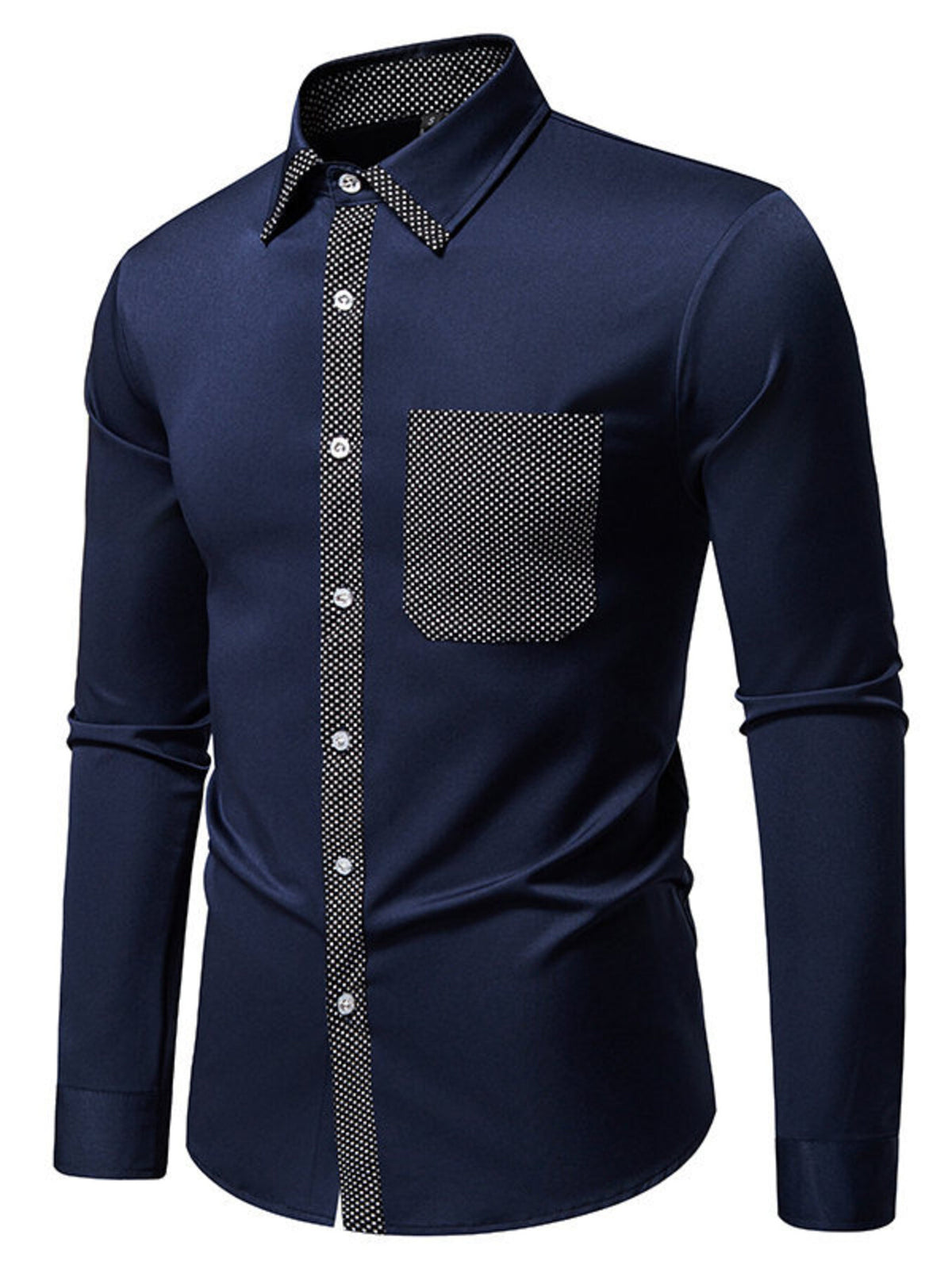 Navy blue men's long sleeve shirt with polka dot trim and pocket.