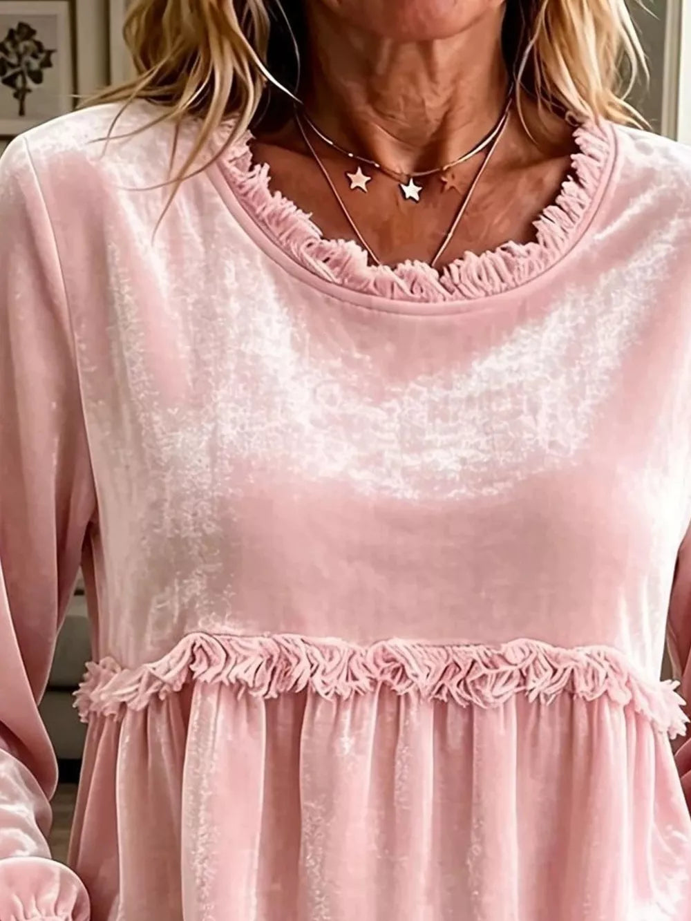 Velvet Fringe Long Sleeve Blouse in Dusty Pink