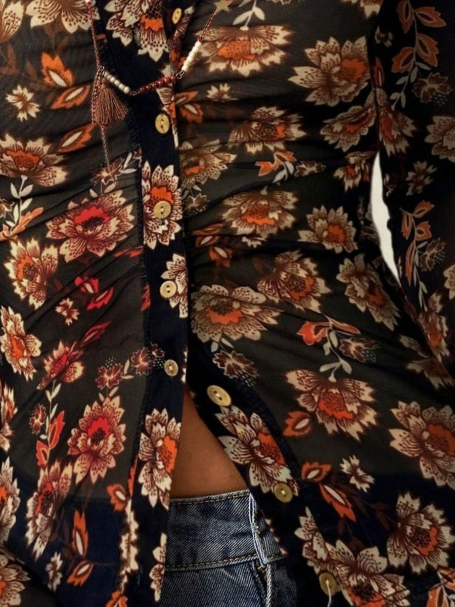 Floral blouse with hip-length and button-front