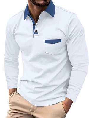 White long sleeve polo shirt with contrast blue collar and pocket detail