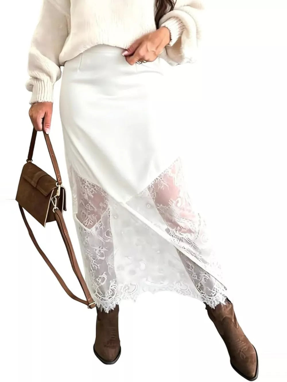 Women's white midi skirt with lace trim detail and a sheer lace hem.