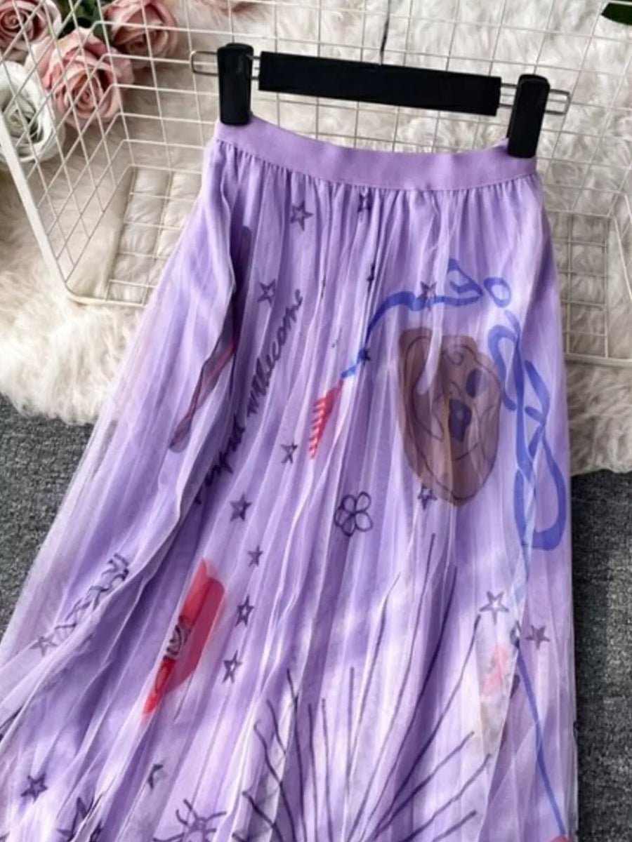 Purple tulle midi skirt with abstract sunburst print and pleats