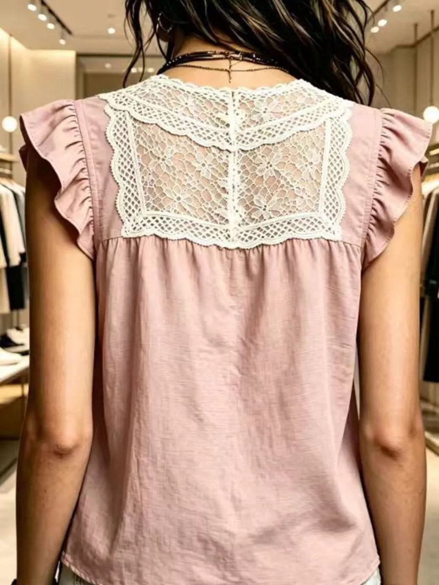 Pink with Lace Trim Ruffle Sleeve Blouse Plus Size in Pink