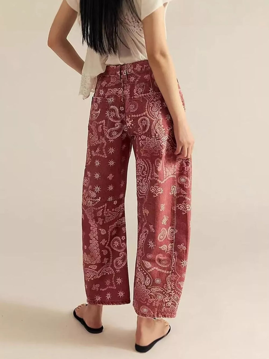 cream wide-leg jeans featuring pocketed and paisley