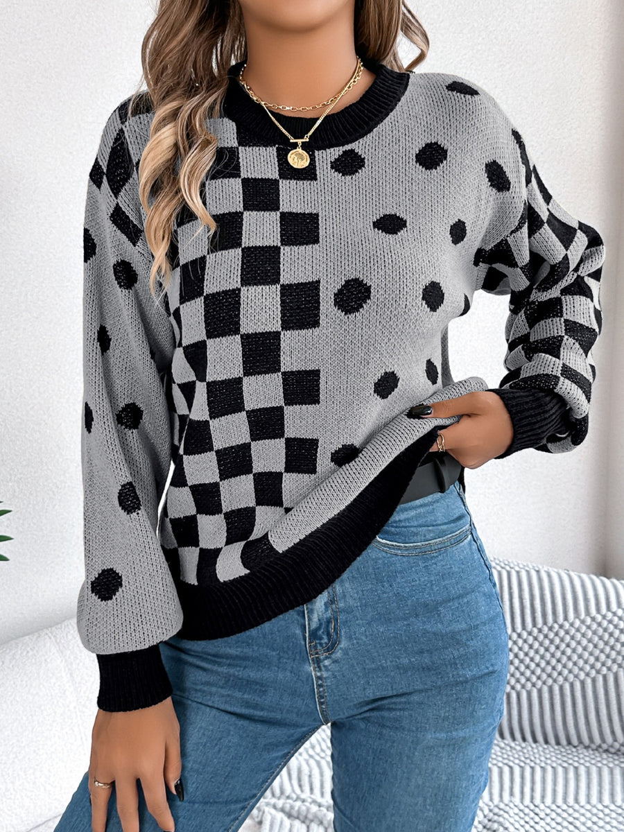 Gray acrylic sweater with checkerboard and dot intarsia pattern, crew neck, long sleeves.