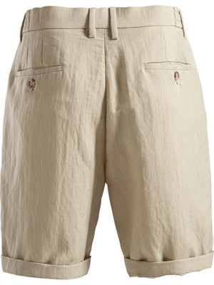 Khaki chino shorts with pleats, cuffed hems, and button-flap back pockets.