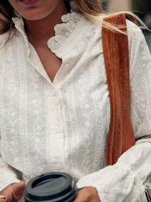 White with Embroidered Flounce Sleeve Shirt