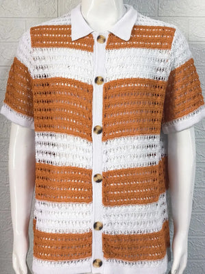 Striped crochet polo shirt in caramel and white with button front and short sleeves.