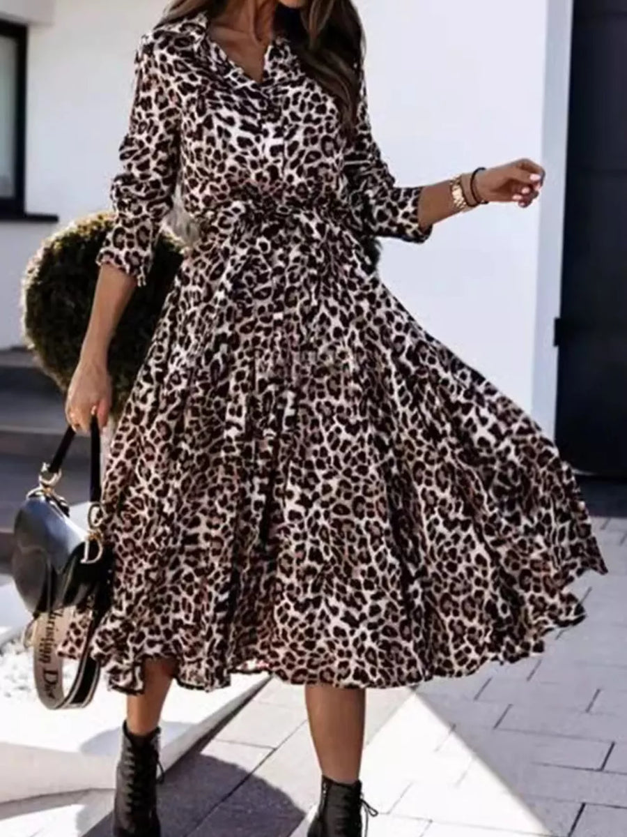 regular leopard print, Leopard Print Button-down Midi Dress With Belt in regular leopard print