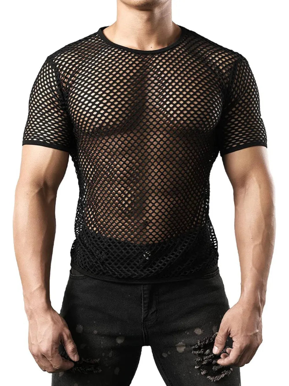 Black mesh knit crew neck tee with short sleeves.