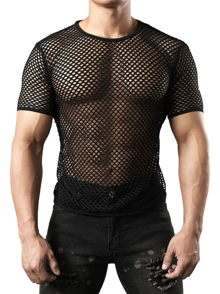 Black mesh knit crew neck tee with short sleeves.