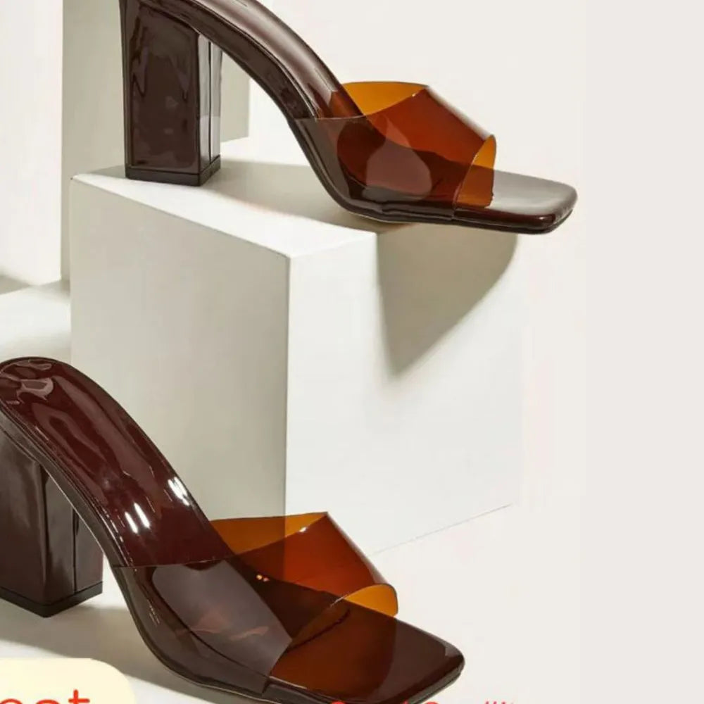 Brown lucite heel mules with clear strap and block heel.