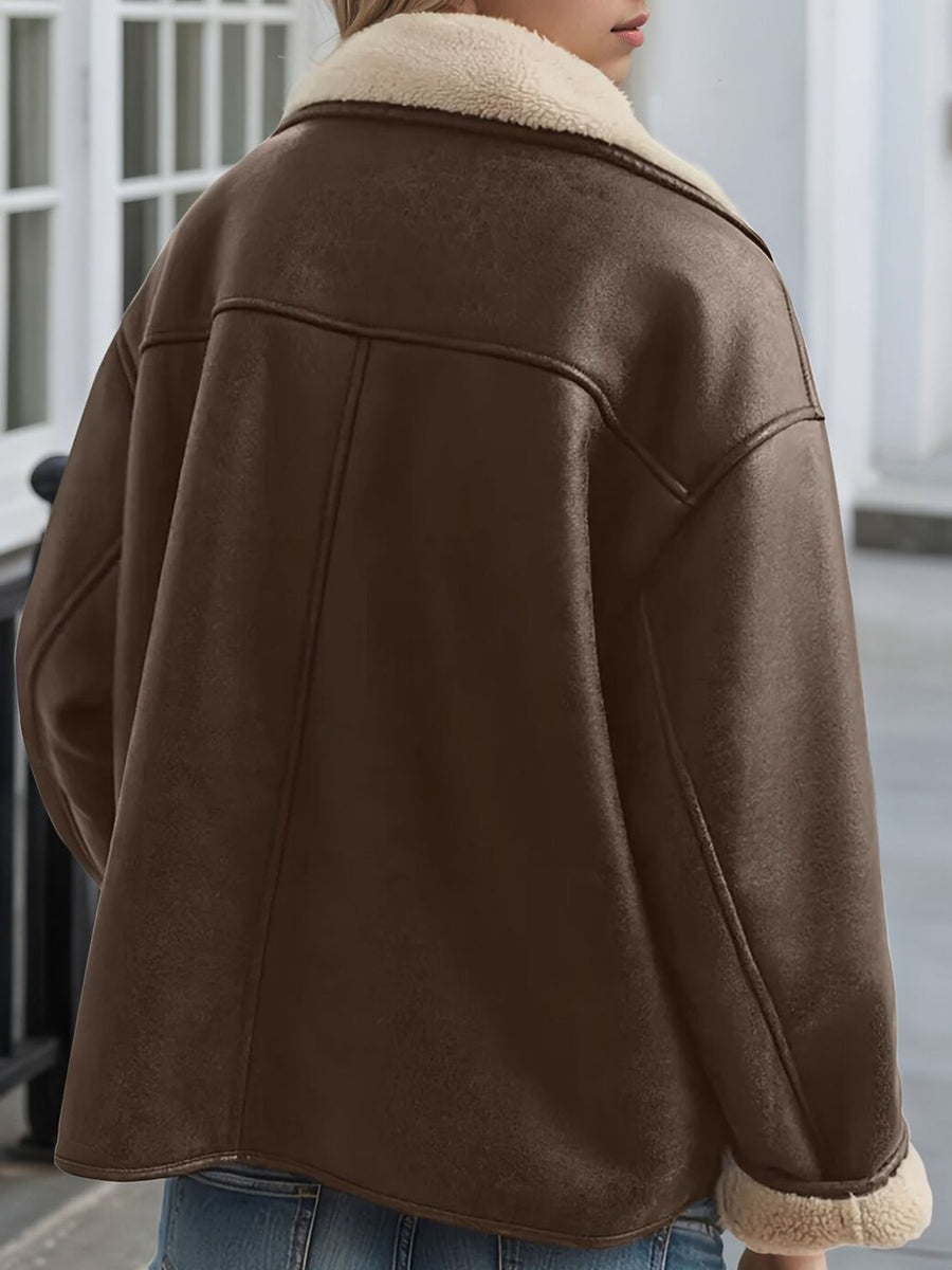brown jacket with hip-length and button-front